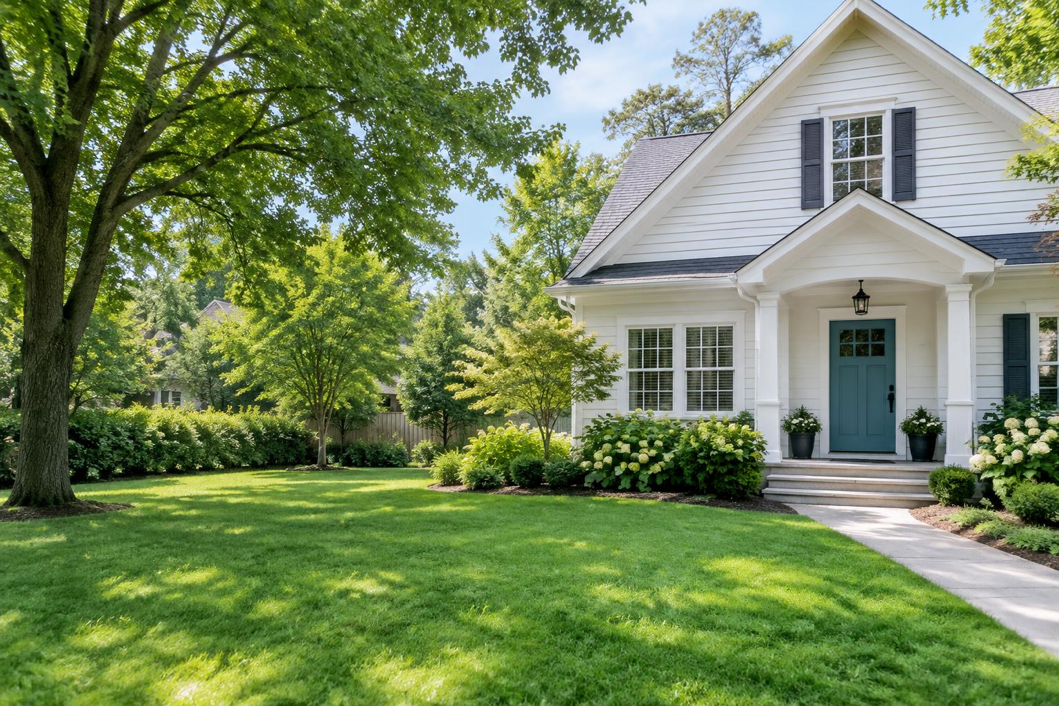 A residential property with a landscaped front yard and teal front door